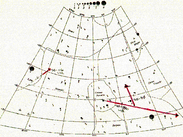 Image:  Two plotted Lyrid meteors, 1990