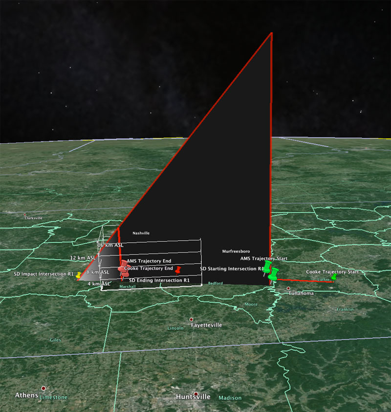 3D Model of Fireball Trajectory Computed From AMS Witness Reports