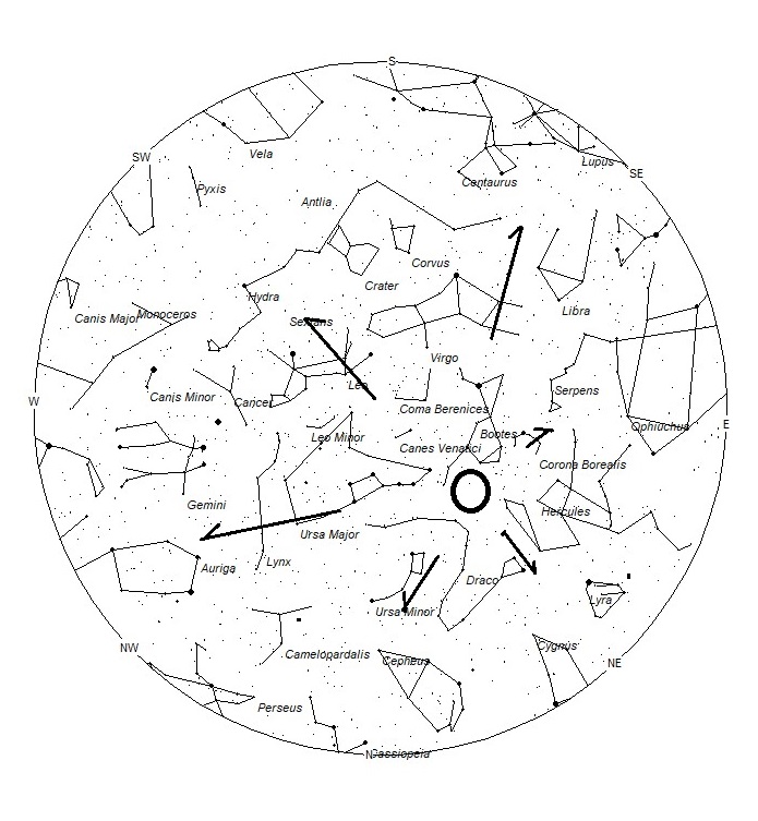 The sky at 05:00 local standard time as seen from 40 degrees north latitude