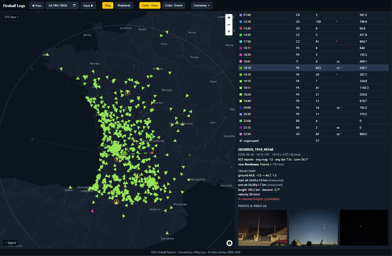 An event in the Fireball Event Viewer, 823 reports of the September 26, 2026 fireball over southwestern France, with its trajectory and the witnesses' photos and video